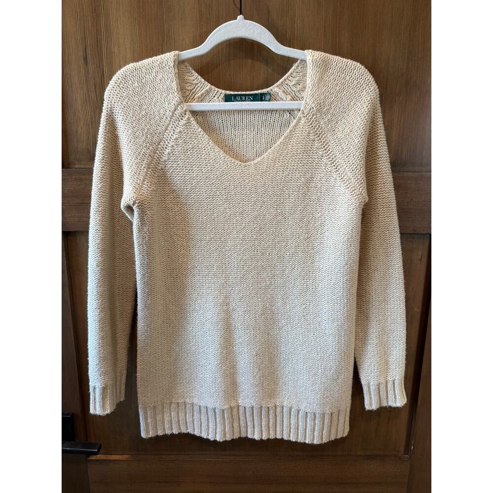 Lauren‎ Ralph Lauren Women’s V-Neck Heavy Knit Sweater Sand Large